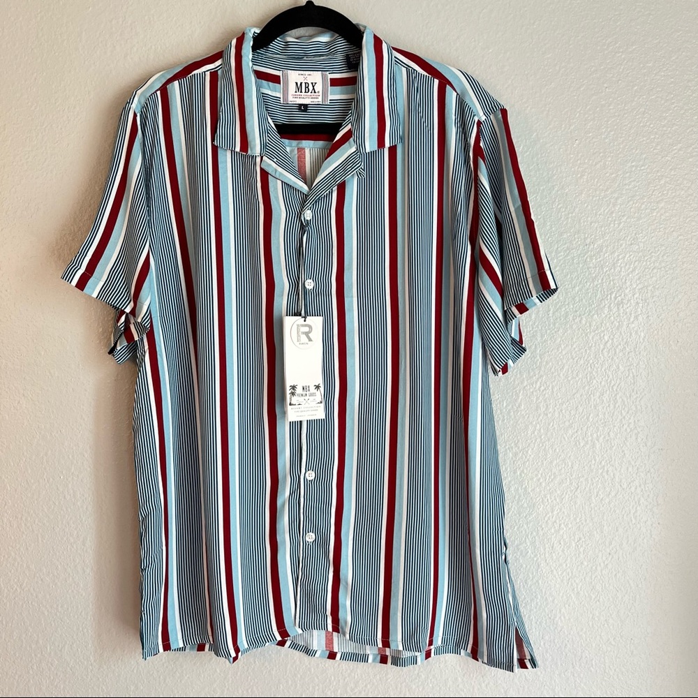 MBX Cabana Collection Mens Button Down Retro Style Striped Shirt Large Red Blue